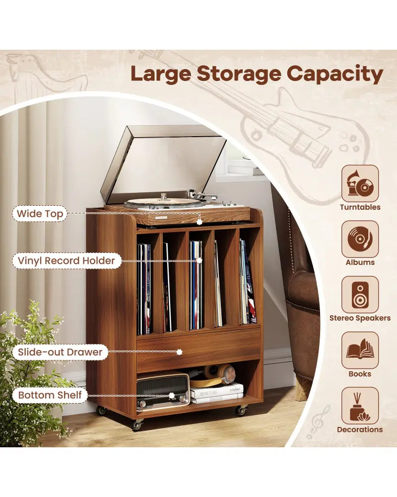 Record Player Stand Turntable Stand with Drawer and Record Holder-Walnut - Walnut - Cabinets & Chests