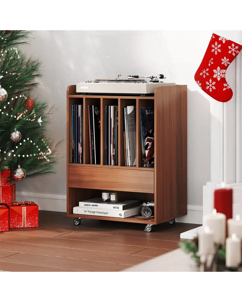 Record Player Stand Turntable Stand with Drawer and Record Holder-Walnut - Walnut - Cabinets & Chests