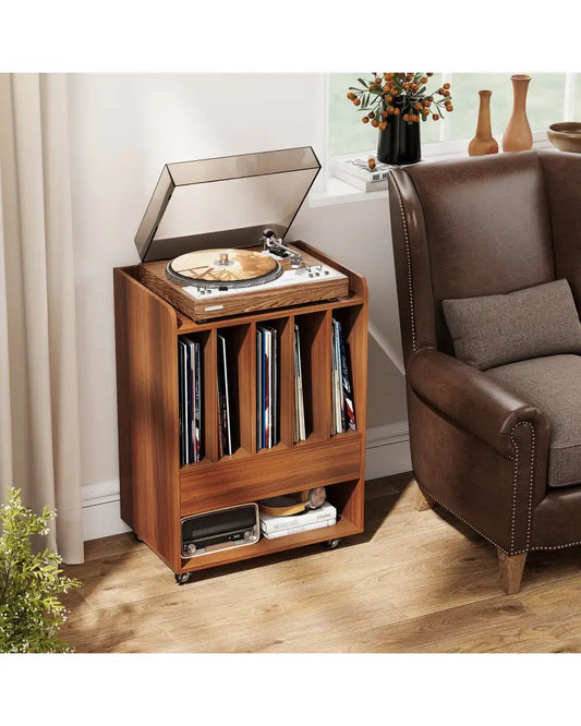Record Player Stand Turntable Stand with Drawer and Record Holder-Walnut - Walnut - Cabinets & Chests