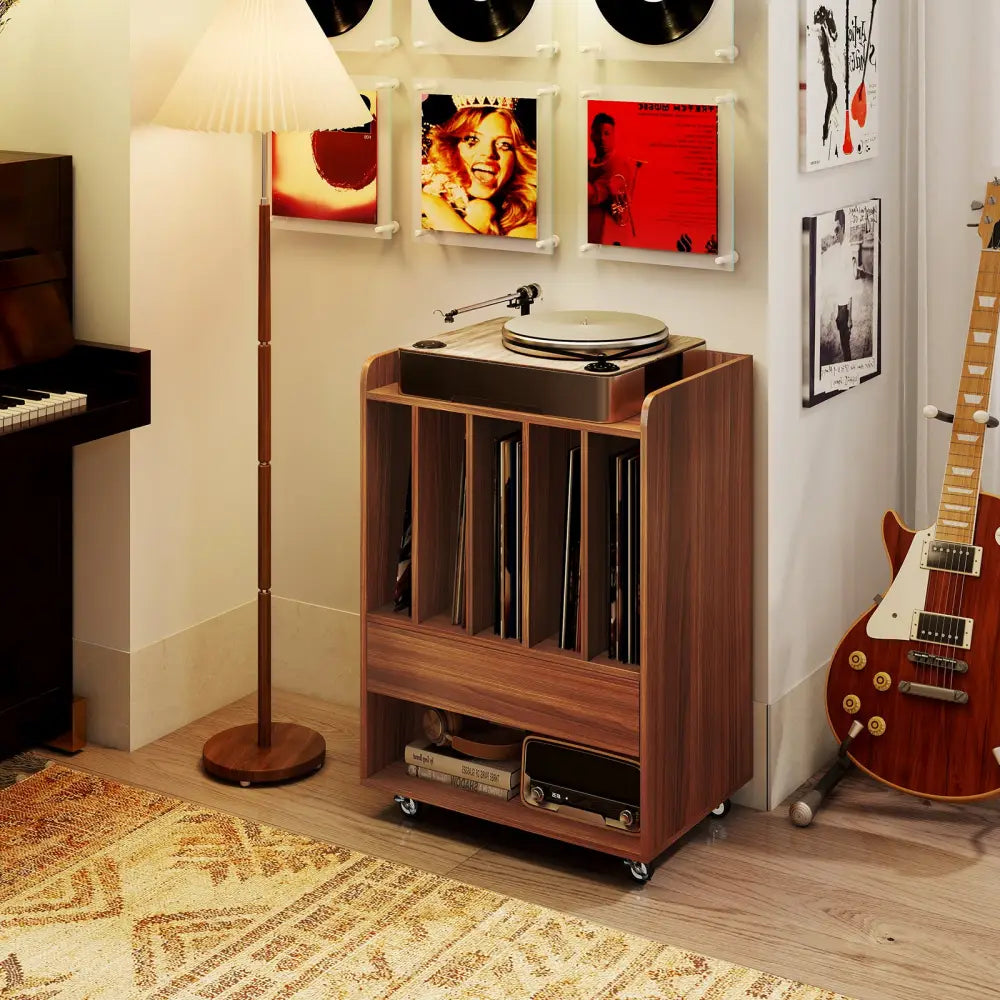 Record Player Stand Turntable Stand with Drawer and Record Holder-Walnut - Walnut - Cabinets & Chests