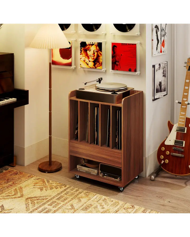 Record Player Stand Turntable Stand with Drawer and Record Holder-Walnut - Walnut - Cabinets & Chests