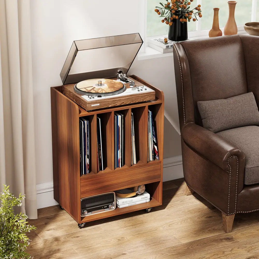 Record Player Stand Turntable Stand with Drawer and Record Holder-Walnut - Walnut - Cabinets & Chests
