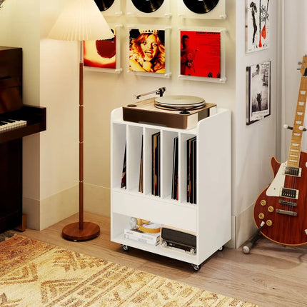 Record Player Stand Turntable Stand with Drawer and Record Holder-White - White - Cabinets & Chests