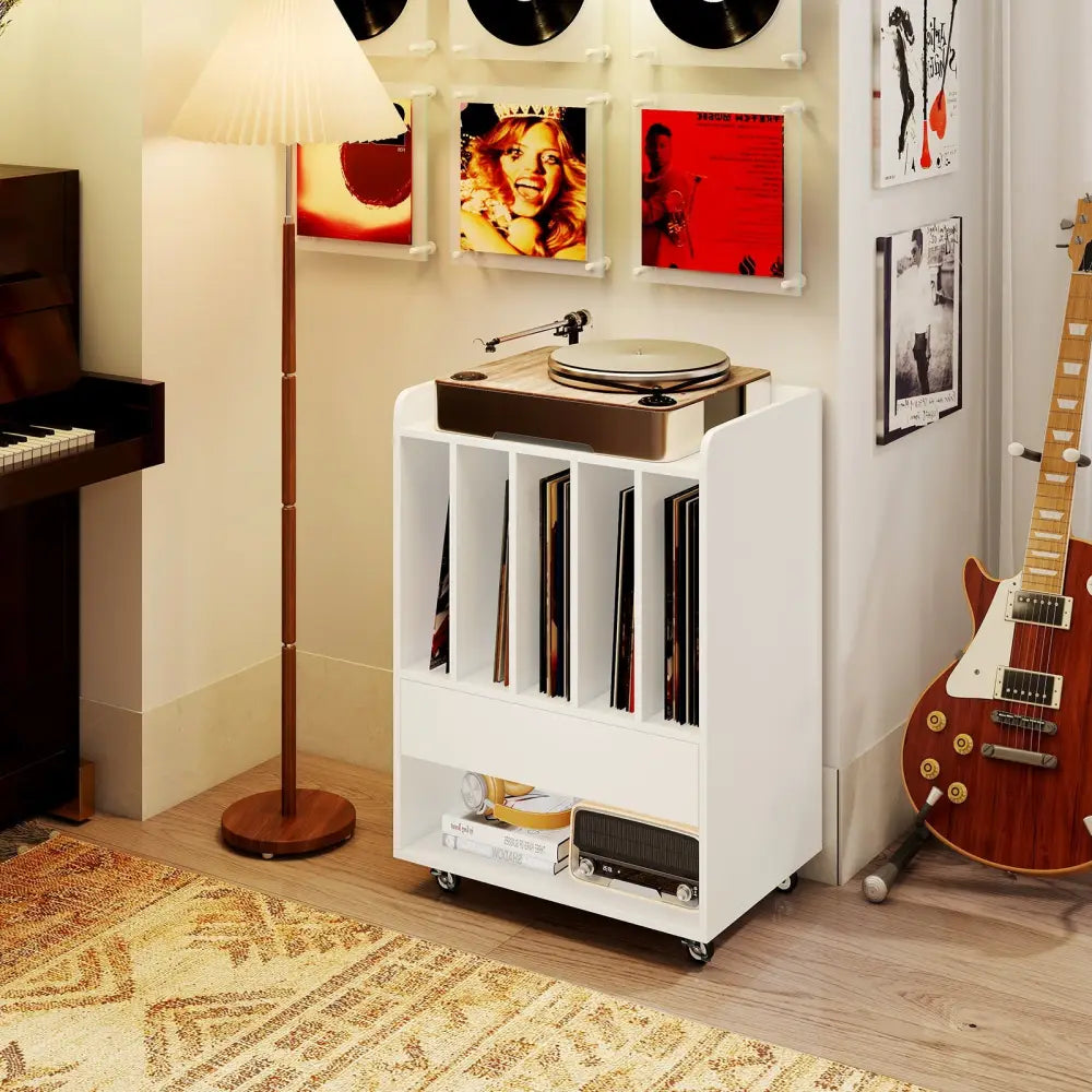 Record Player Stand Turntable Stand with Drawer and Record Holder-White - White - Cabinets & Chests