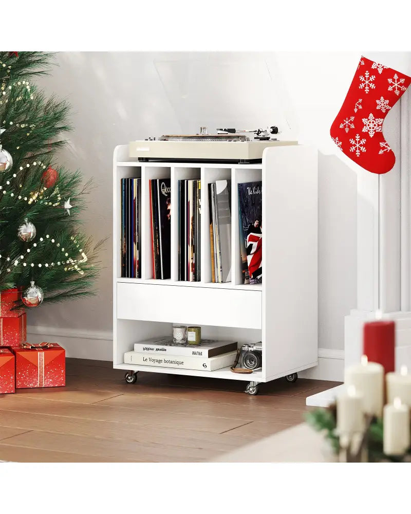 Record Player Stand Turntable Stand with Drawer and Record Holder-White - White - Cabinets & Chests