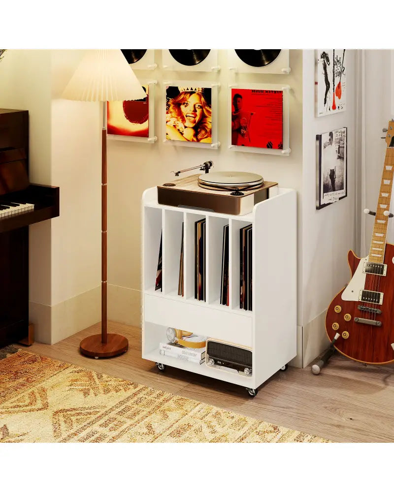 Record Player Stand Turntable Stand with Drawer and Record Holder-White - White - Cabinets & Chests