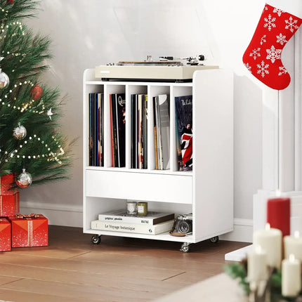 Record Player Stand Turntable Stand with Drawer and Record Holder-White - White - Cabinets & Chests