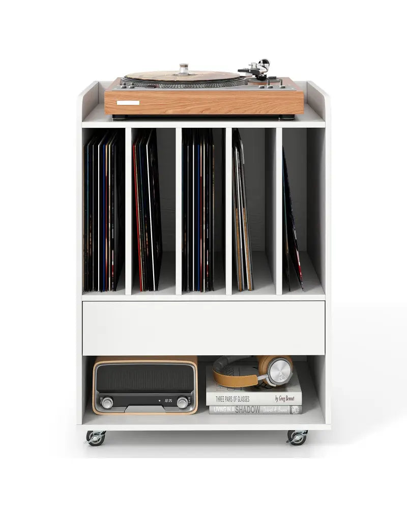 Record Player Stand Turntable Stand with Drawer and Record Holder-White - White - Cabinets & Chests