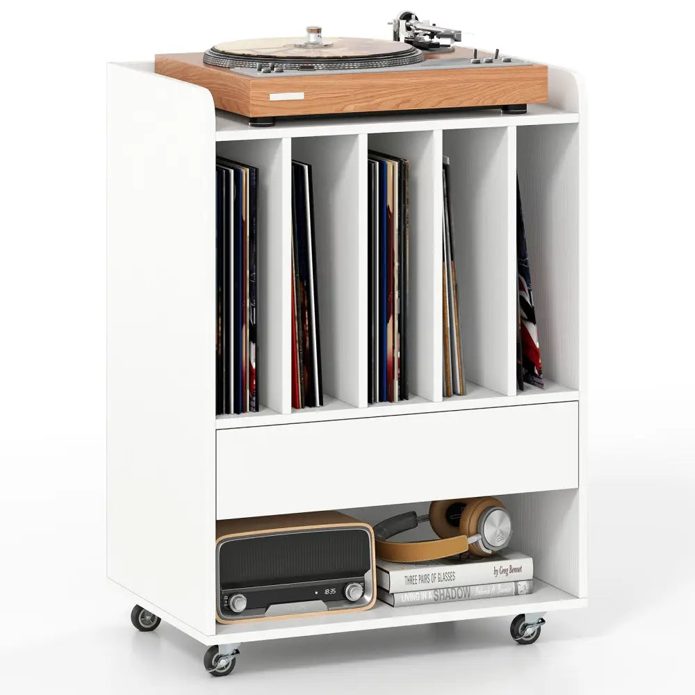 Record Player Stand Turntable Stand with Drawer and Record Holder-White - White - Cabinets & Chests