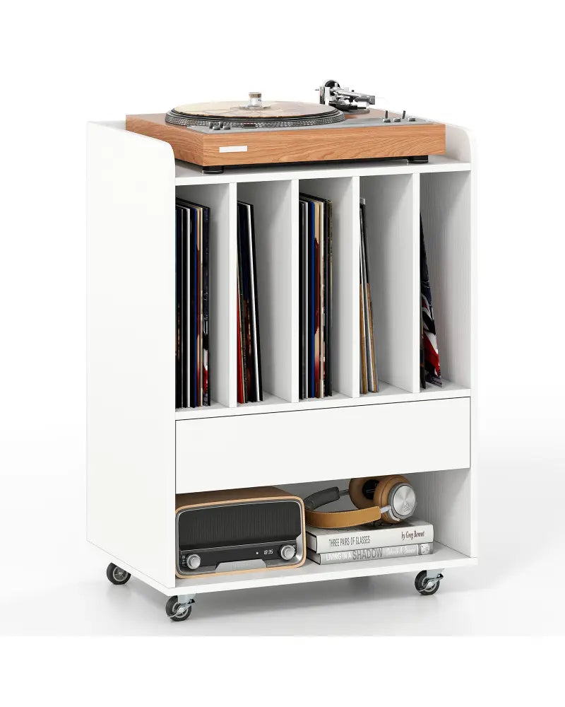 Record Player Stand Turntable Stand with Drawer and Record Holder-White - White - Cabinets & Chests