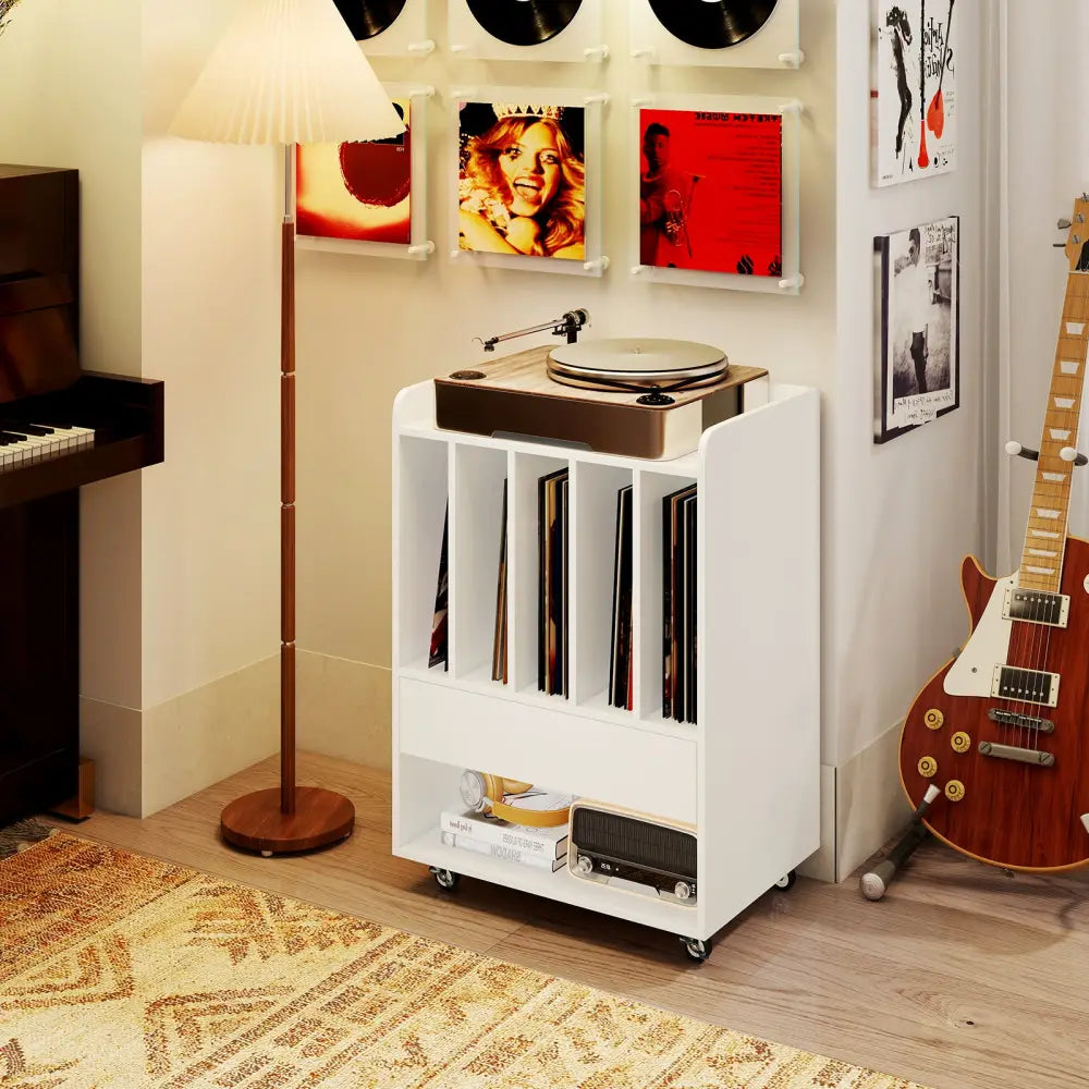 Record Player Stand Turntable Stand with Drawer and Record Holder-White - White - Cabinets & Chests