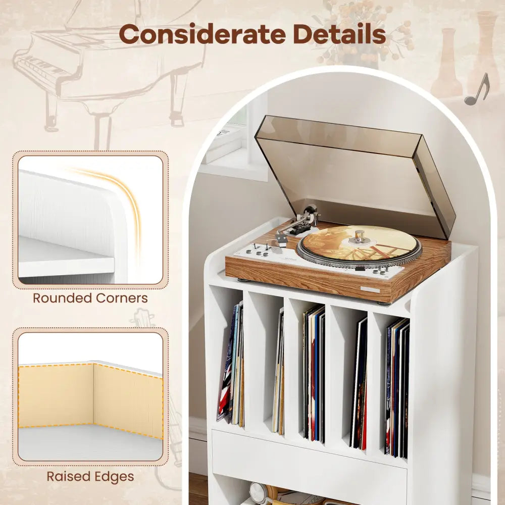 Record Player Stand Turntable Stand with Drawer and Record Holder-White - White - Cabinets & Chests