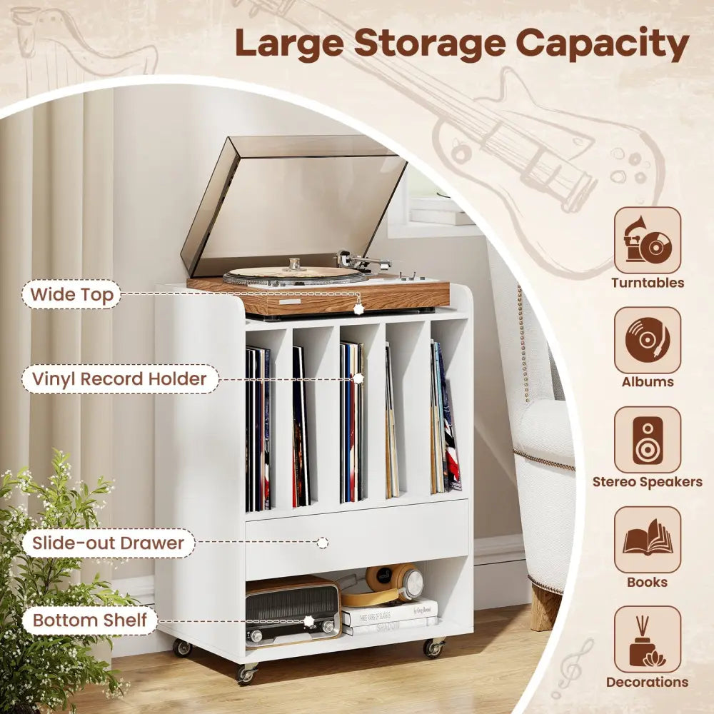 Record Player Stand Turntable Stand with Drawer and Record Holder-White - White - Cabinets & Chests