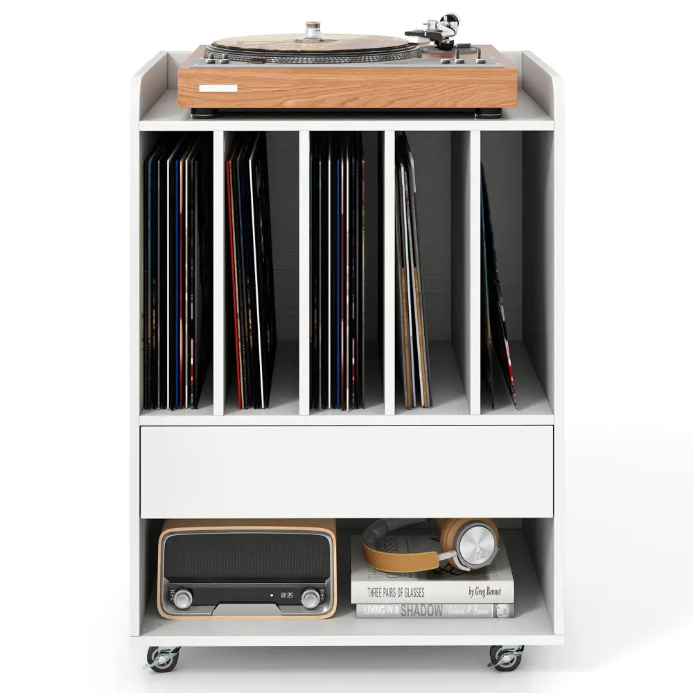 Record Player Stand Turntable Stand with Drawer and Record Holder-White - White - Cabinets & Chests