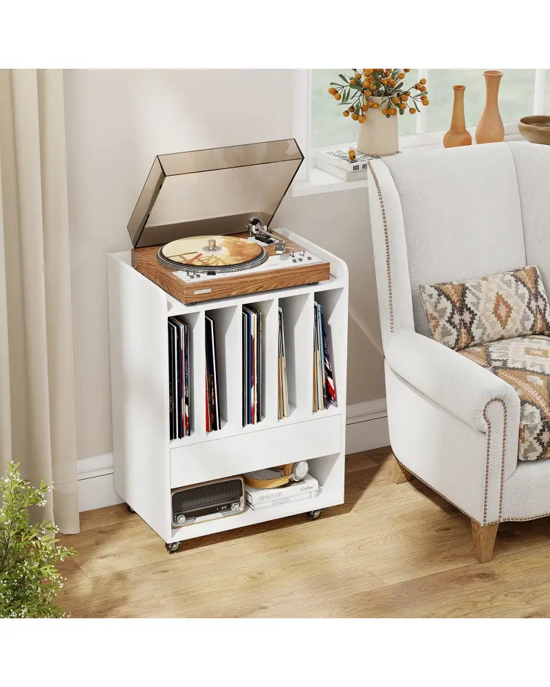 Record Player Stand Turntable Stand with Drawer and Record Holder-White - White - Cabinets & Chests