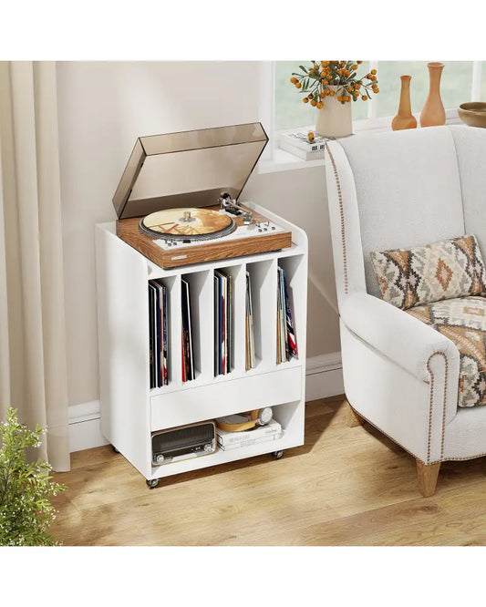 Record Player Stand Turntable Stand with Drawer and Record Holder-White - White - Cabinets & Chests