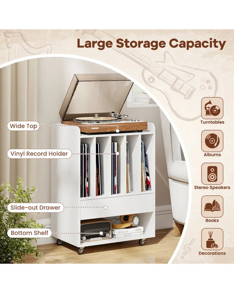 Record Player Stand Turntable Stand with Drawer and Record Holder-White - White - Cabinets & Chests