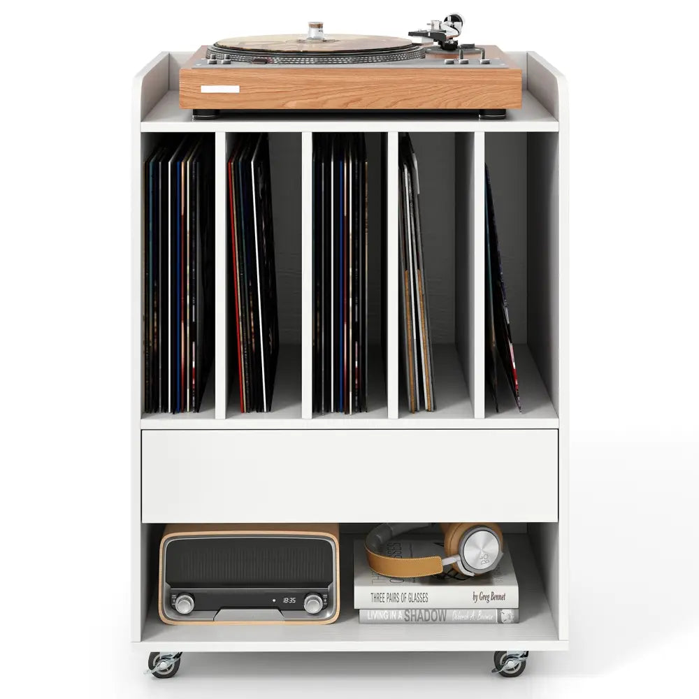 Record Player Stand Turntable Stand with Drawer and Record Holder-White - White - Cabinets & Chests