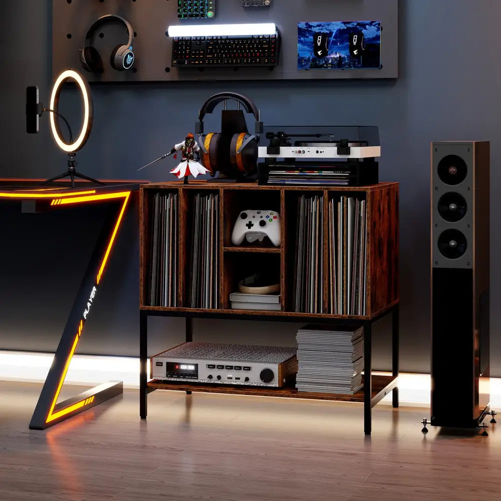 Record Player Stand with Charging Station and Metal Frame-Rustic Brown - Rustic Brown - End & Side Tables