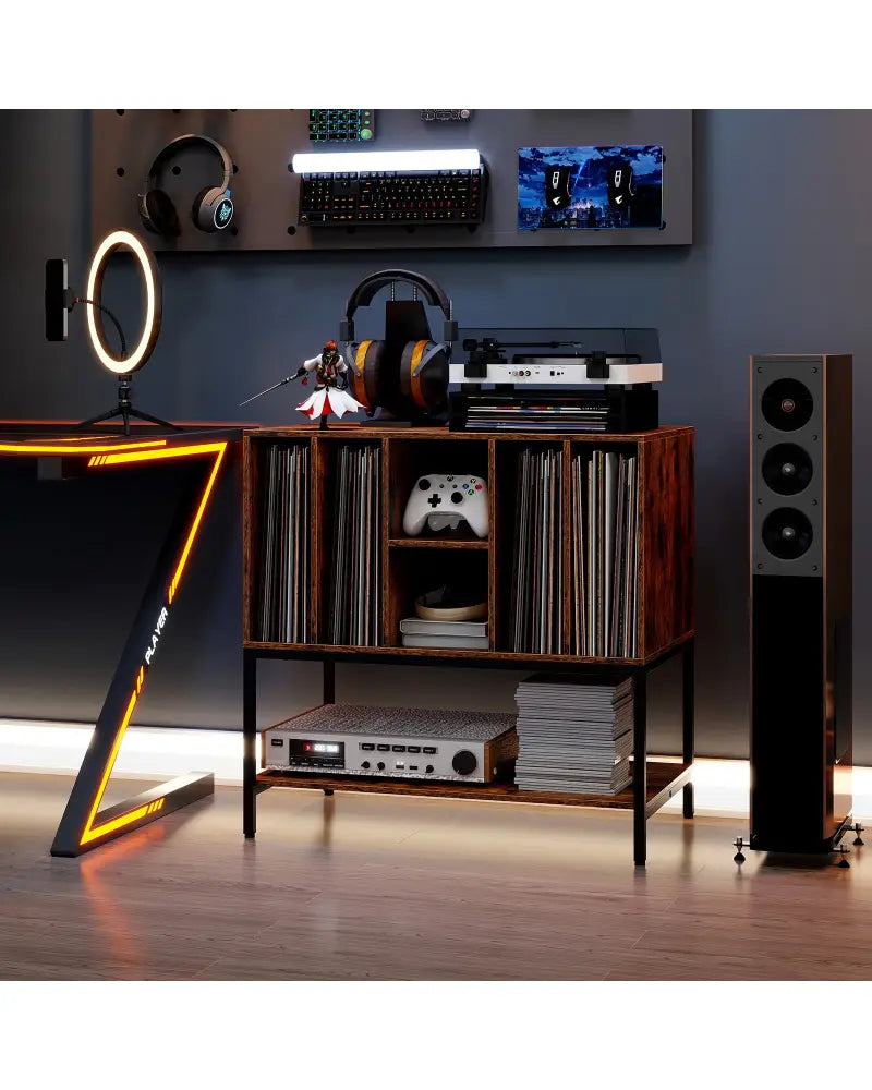 Record Player Stand with Charging Station and Metal Frame-Rustic Brown - Rustic Brown - End & Side Tables