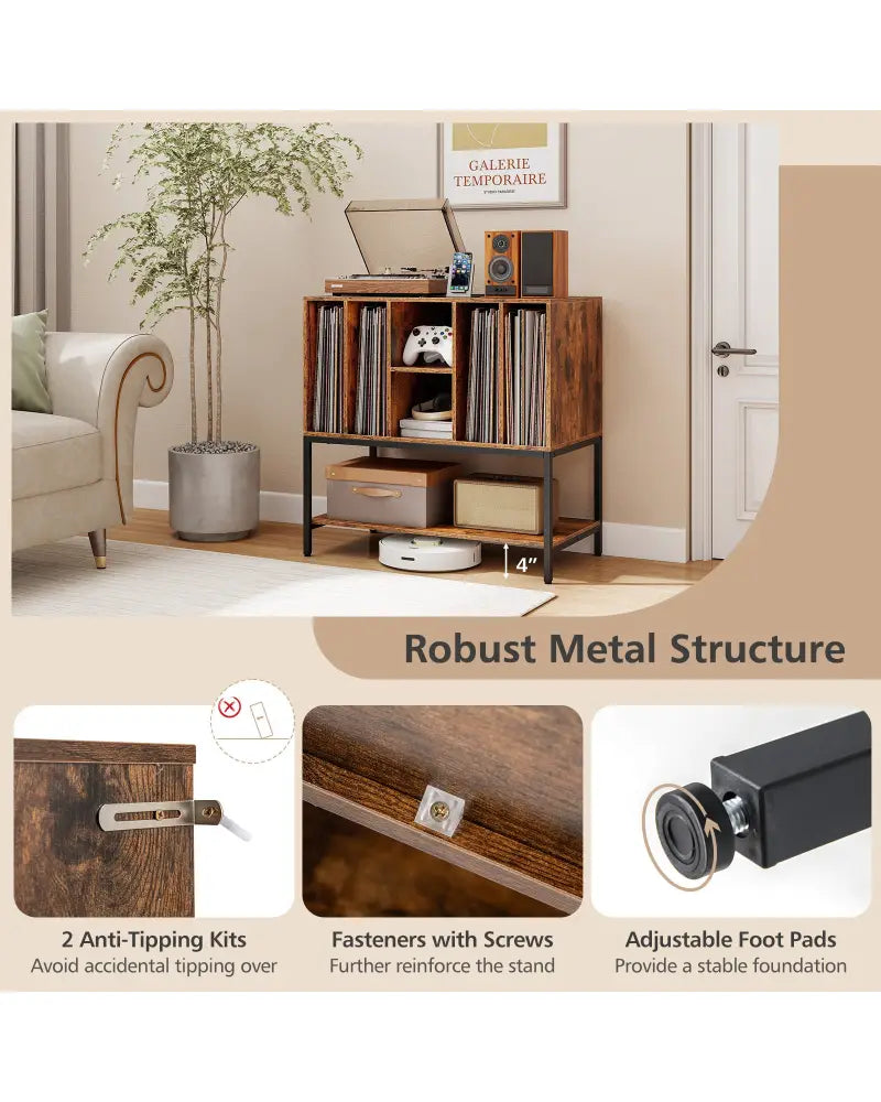 Record Player Stand with Charging Station and Metal Frame-Rustic Brown - Rustic Brown - End & Side Tables