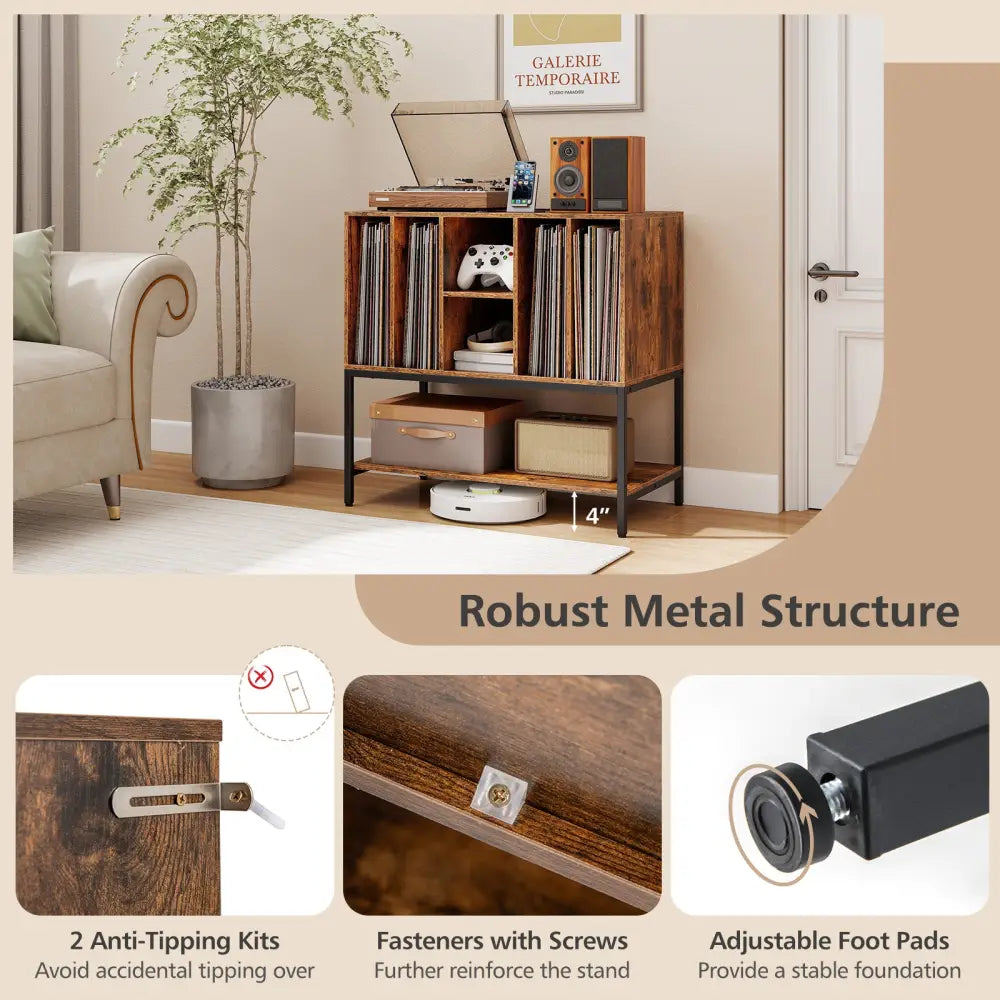 Record Player Stand with Charging Station and Metal Frame-Rustic Brown - Rustic Brown - End & Side Tables