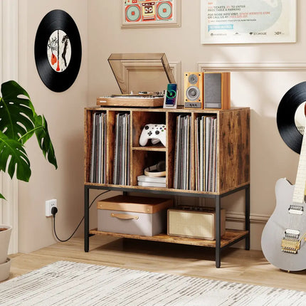 Record Player Stand with Charging Station and Metal Frame-Rustic Brown - Rustic Brown - End & Side Tables