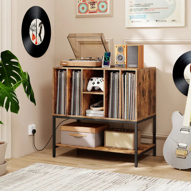 Record Player Stand with Charging Station and Metal Frame-Rustic Brown - Rustic Brown - End & Side Tables