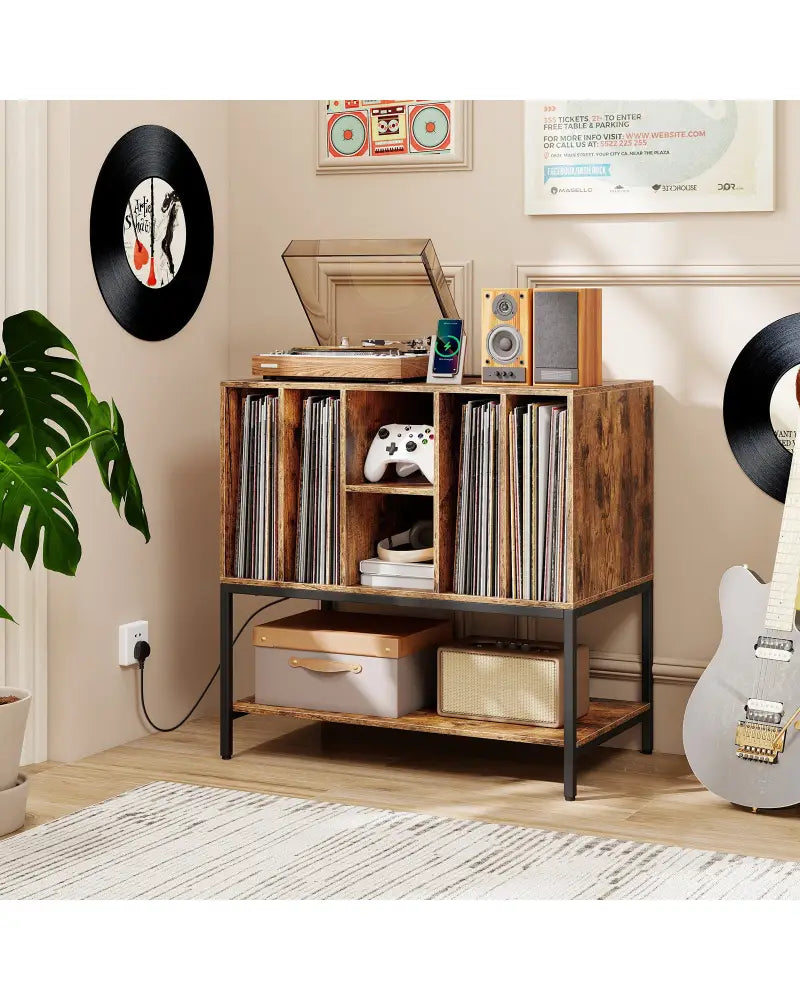 Record Player Stand with Charging Station and Metal Frame-Rustic Brown - Rustic Brown - End & Side Tables