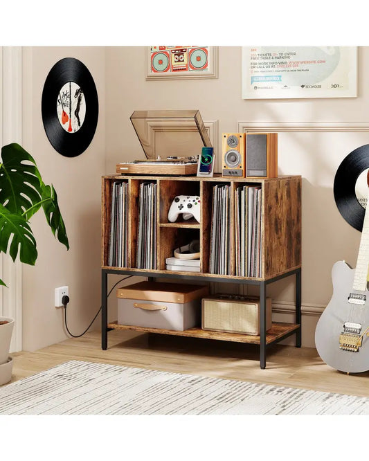 Record Player Stand with Charging Station and Metal Frame-Rustic Brown - Rustic Brown - End & Side Tables