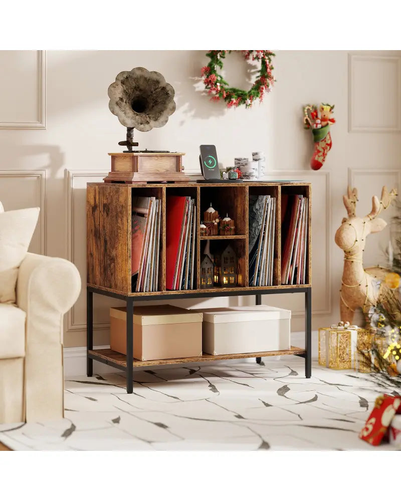 Record Player Stand with Charging Station and Metal Frame-Rustic Brown - Rustic Brown - End & Side Tables