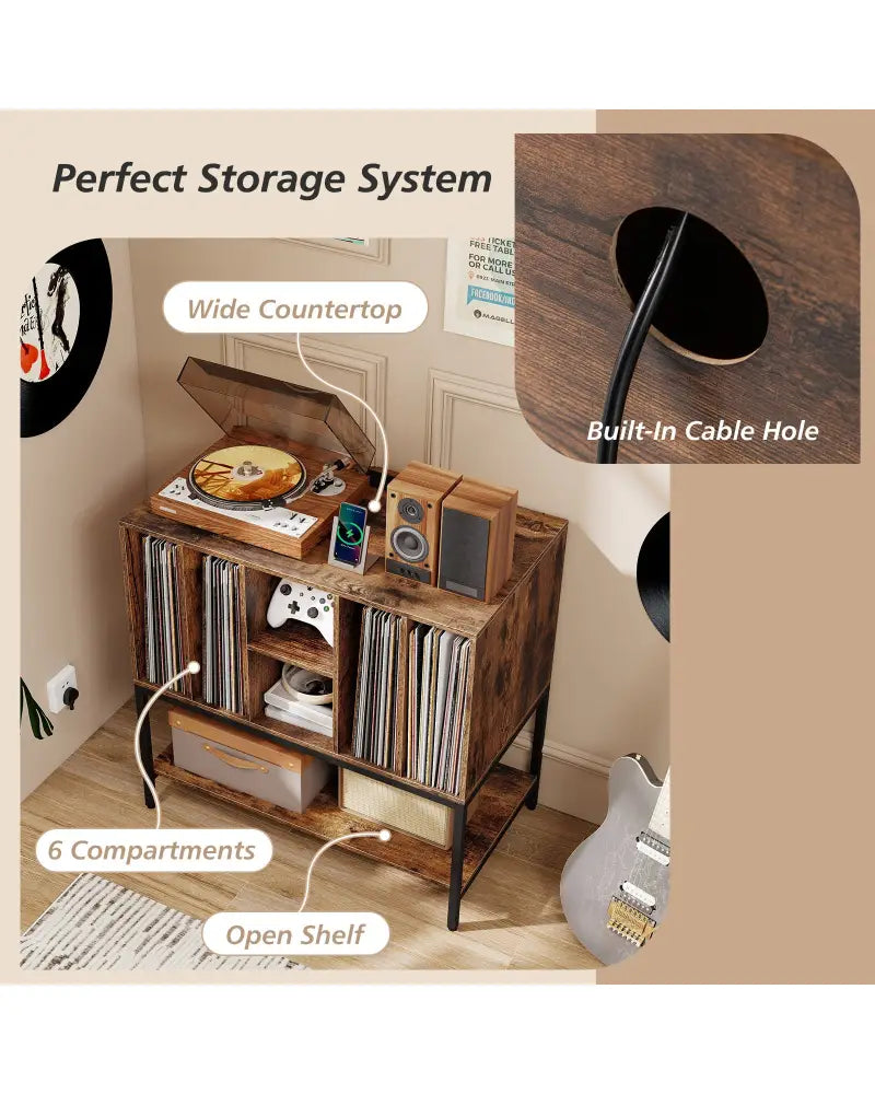 Record Player Stand with Charging Station and Metal Frame-Rustic Brown - Rustic Brown - End & Side Tables
