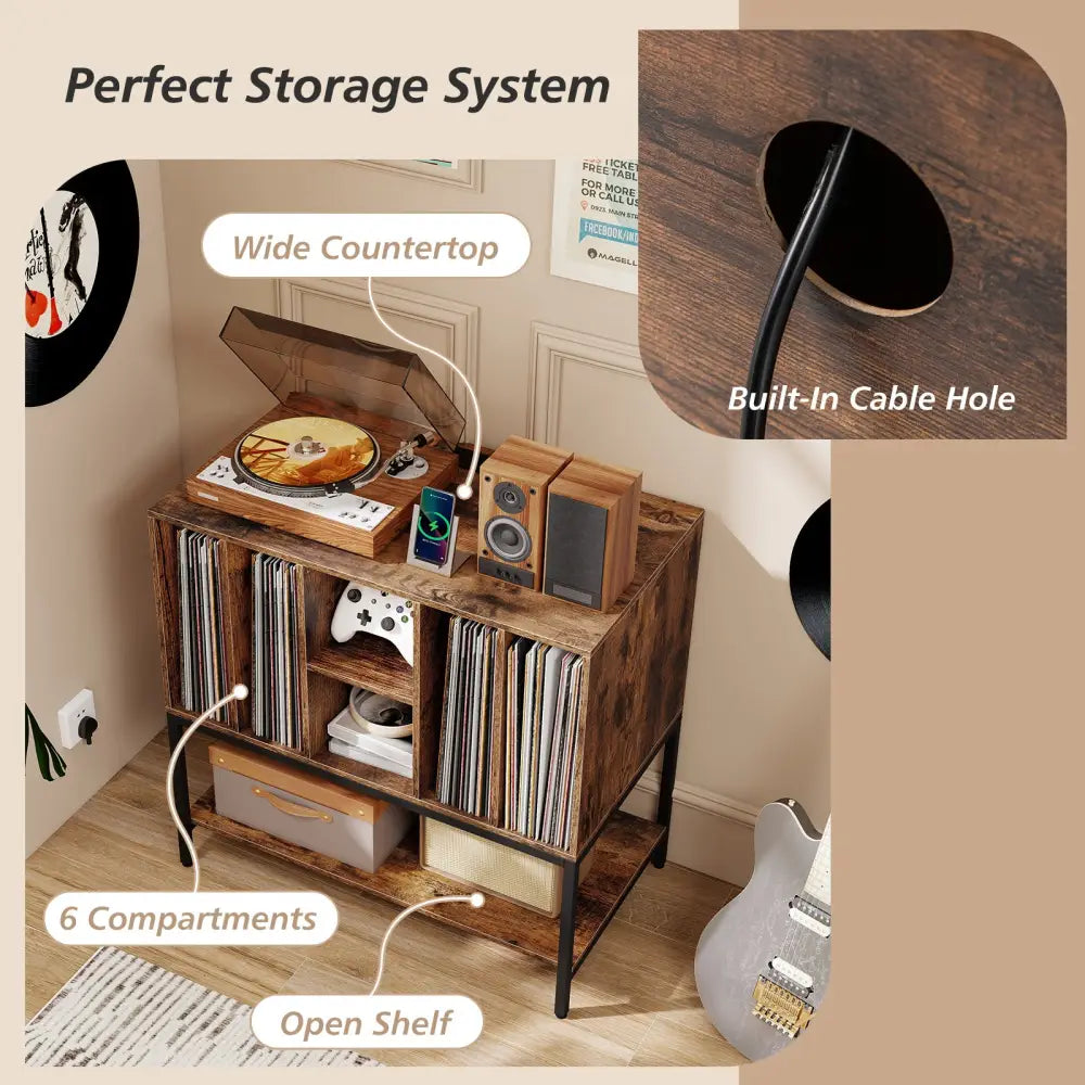 Record Player Stand with Charging Station and Metal Frame-Rustic Brown - Rustic Brown - End & Side Tables