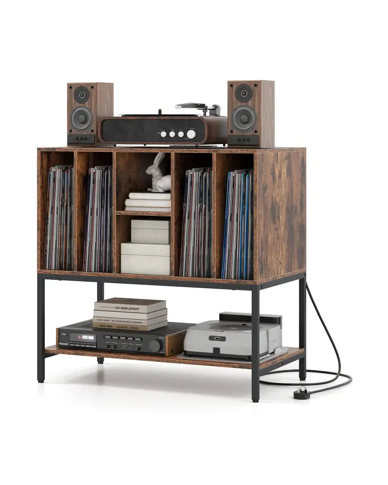 Record Player Stand with Charging Station and Metal Frame-Rustic Brown - Rustic Brown - End & Side Tables