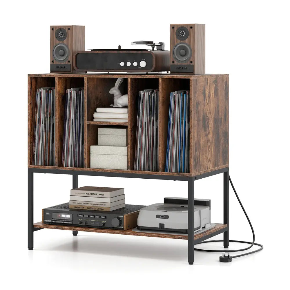 Record Player Stand with Charging Station and Metal Frame-Rustic Brown - Rustic Brown - End & Side Tables