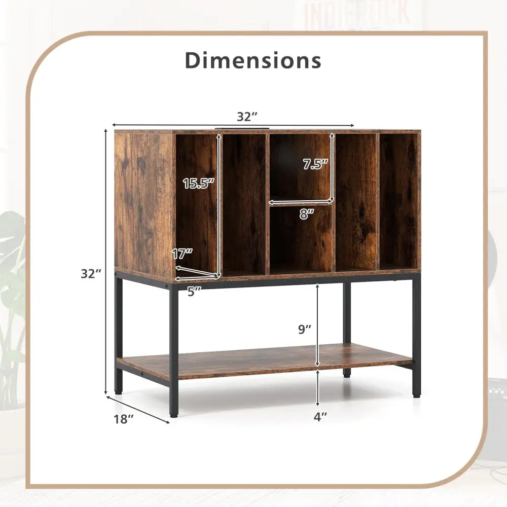 Record Player Stand with Charging Station and Metal Frame-Rustic Brown - Rustic Brown - End & Side Tables