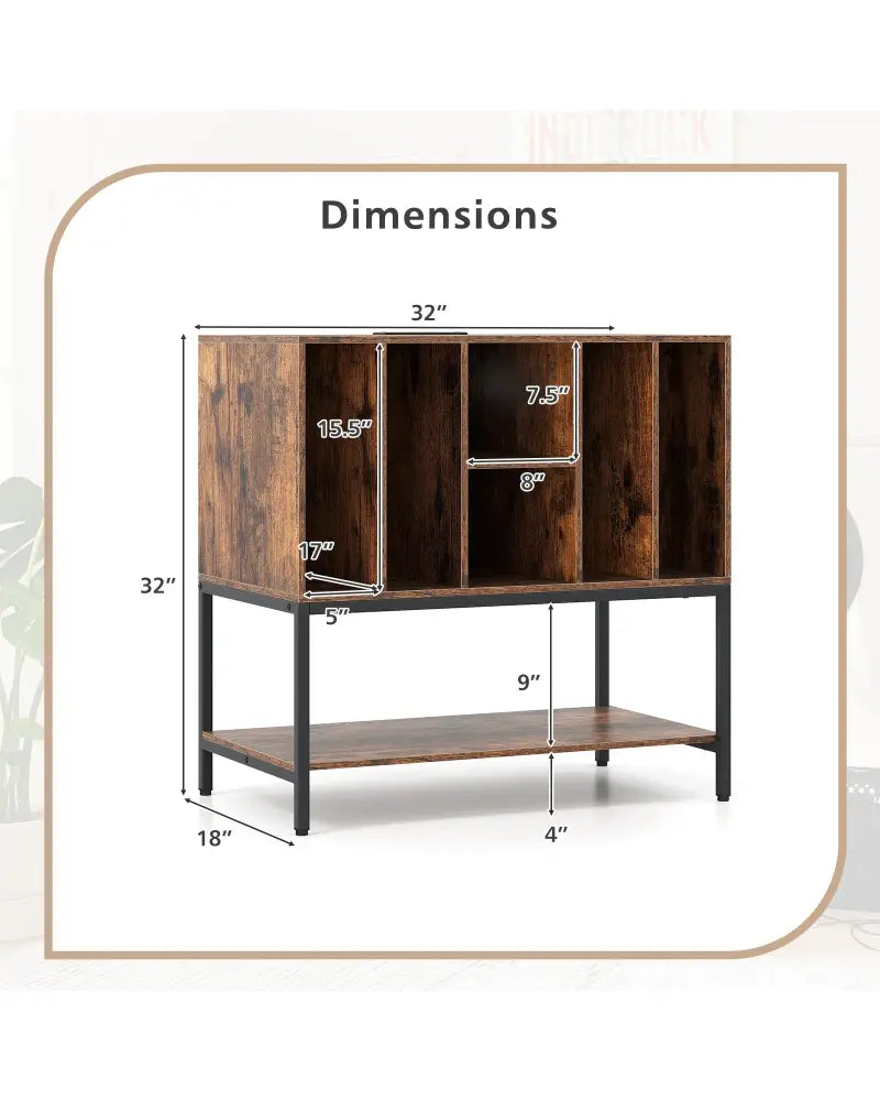 Record Player Stand with Charging Station and Metal Frame-Rustic Brown - Rustic Brown - End & Side Tables
