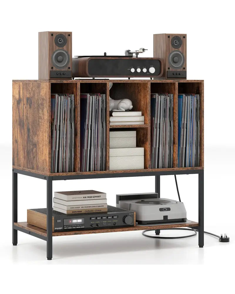 Record Player Stand with Charging Station and Metal Frame-Rustic Brown - Rustic Brown - End & Side Tables