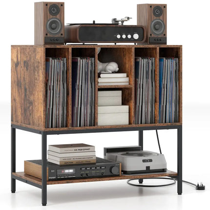 Record Player Stand with Charging Station and Metal Frame-Rustic Brown - Rustic Brown - End & Side Tables