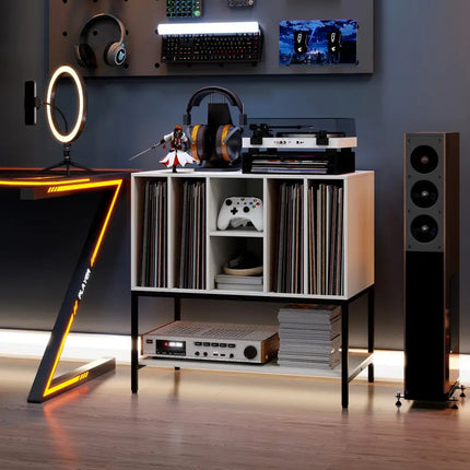 Record Player Stand with Charging Station and Metal Frame-White - White - End & Side Tables