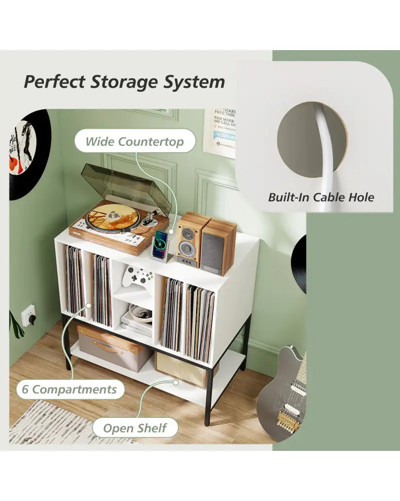 Record Player Stand with Charging Station and Metal Frame-White - White - End & Side Tables