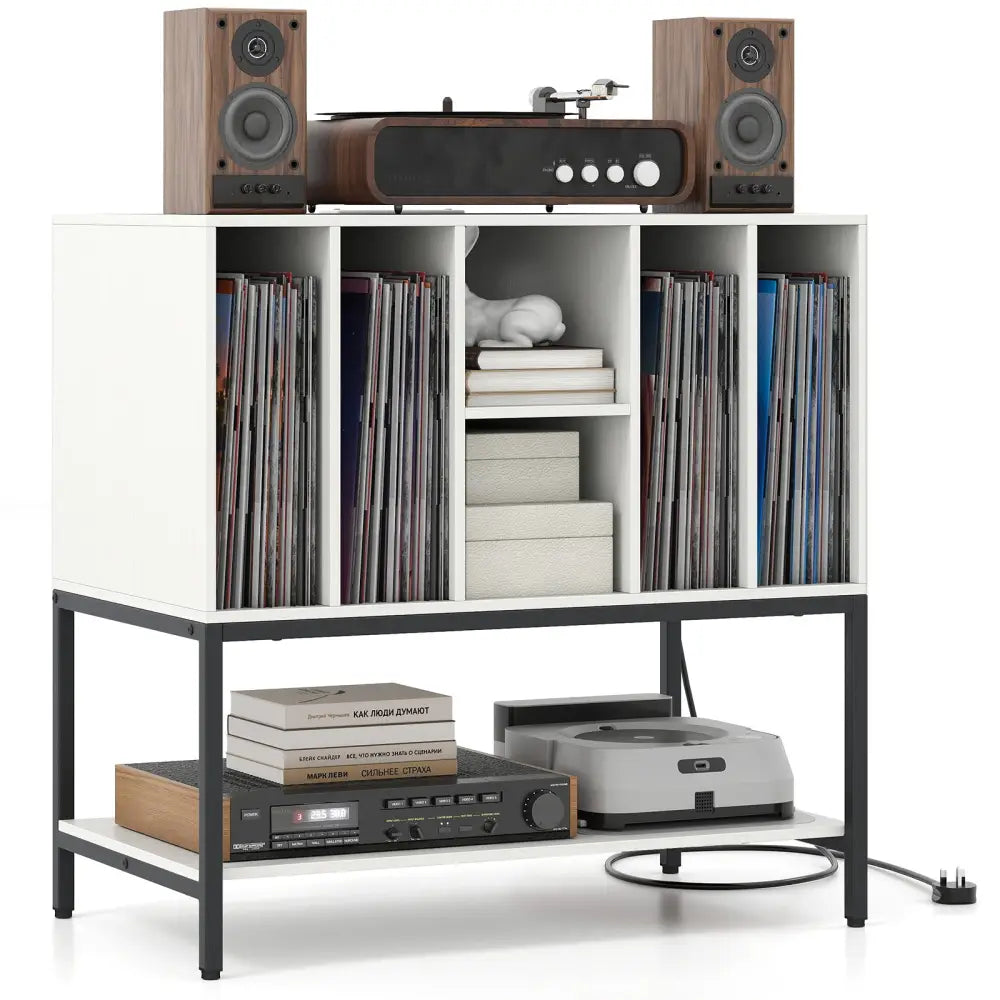 Record Player Stand with Charging Station and Metal Frame-White - White - End & Side Tables