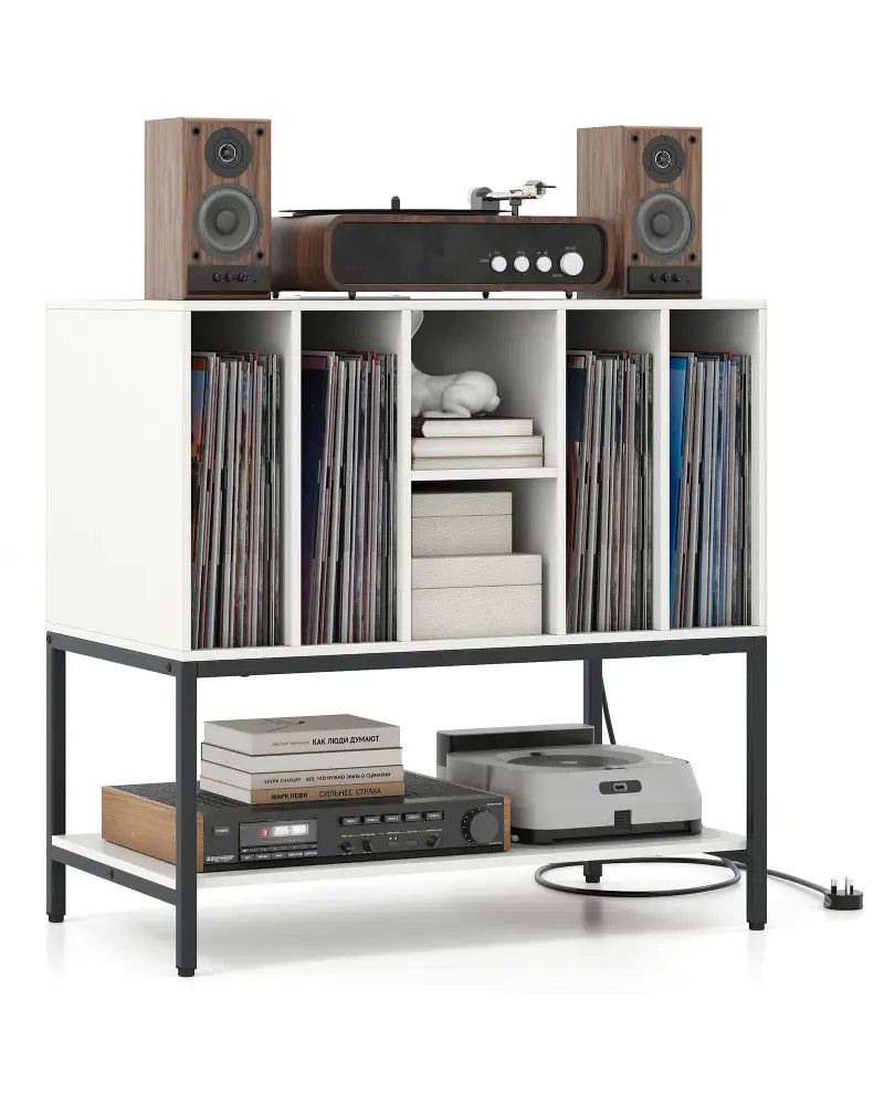 Record Player Stand with Charging Station and Metal Frame-White - White - End & Side Tables