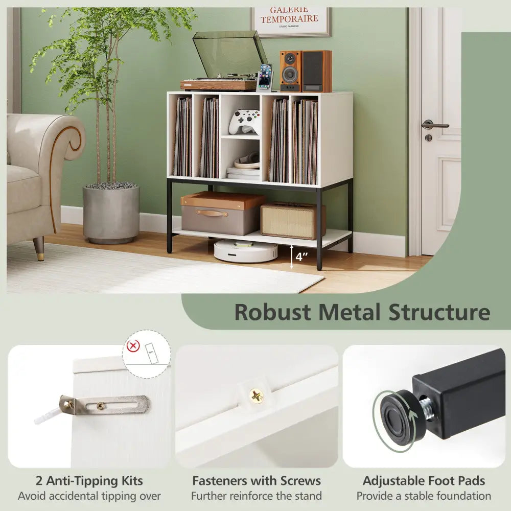 Record Player Stand with Charging Station and Metal Frame-White - White - End & Side Tables