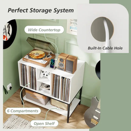 Record Player Stand with Charging Station and Metal Frame-White - White - End & Side Tables