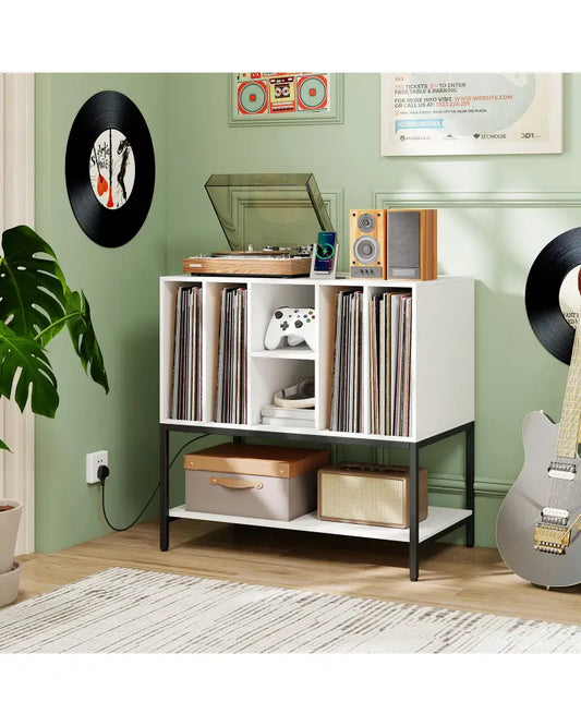 Record Player Stand with Charging Station and Metal Frame-White - White - End & Side Tables
