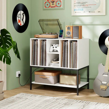 Record Player Stand with Charging Station and Metal Frame-White - White - End & Side Tables