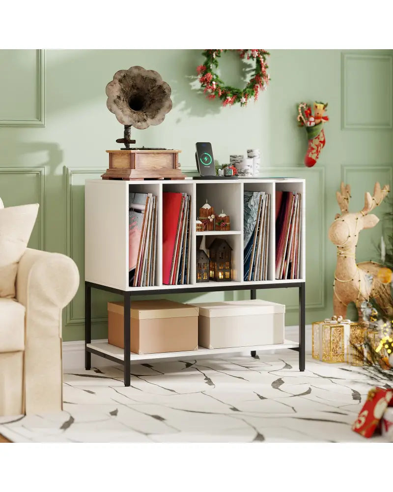 Record Player Stand with Charging Station and Metal Frame-White - White - End & Side Tables