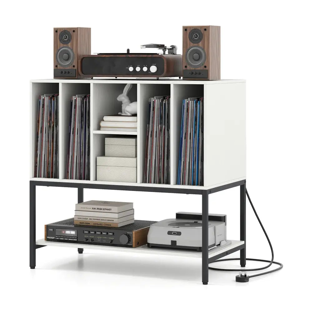 Record Player Stand with Charging Station and Metal Frame-White - White - End & Side Tables