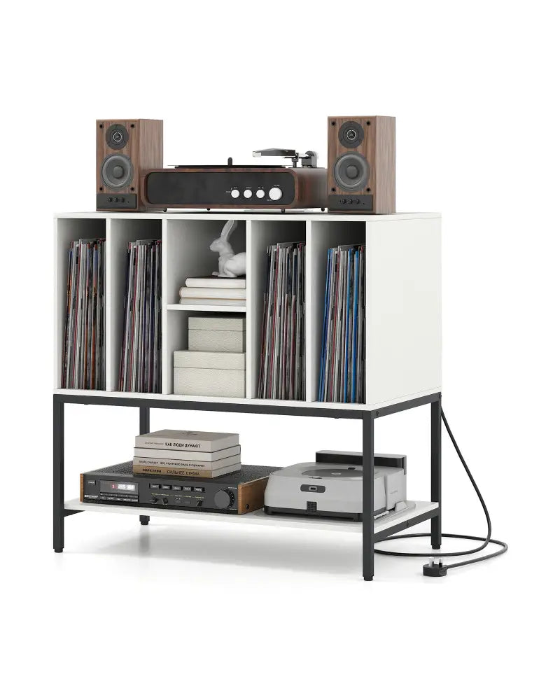 Record Player Stand with Charging Station and Metal Frame-White - White - End & Side Tables